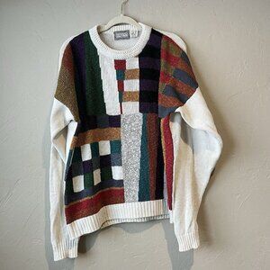 Vintage Sweater Patchwork Abstract Multi-Color Knit Large 80s Aztec Chunky Retro
